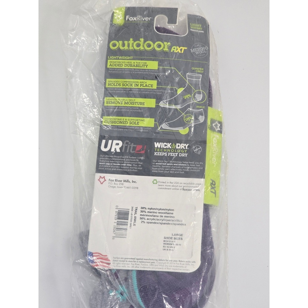 Fox River Outdoor AXT Merino Wool Trail Ankle Socks Purple Grey Mens 9-12 L 2455 - Picture 4 of 5